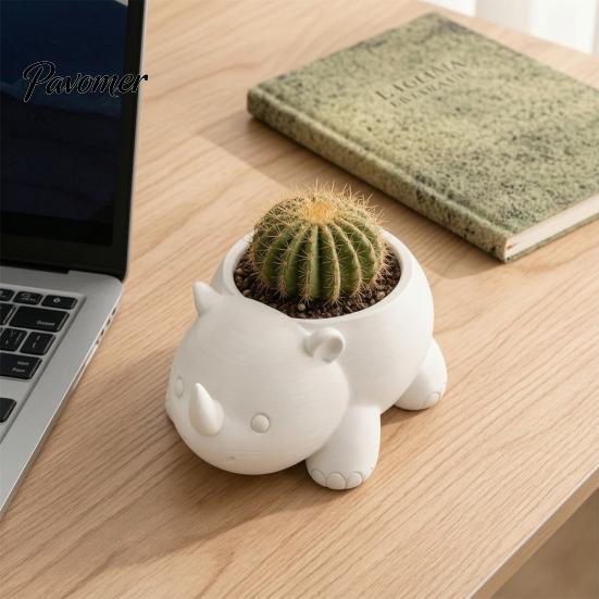 Easy Clean Small Flower Pot Cute Rhinoceros Planter, 3D Printed Rhino Pot, Decorative Animal Shape Planter Plant for Succulents Cactus Houseplants