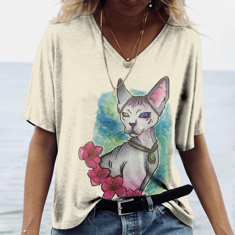 2025 Summer New 3D Cat Print Tee Loose Retro Women's V-neck Short Sleeved Street Style T-shirt Casual Top