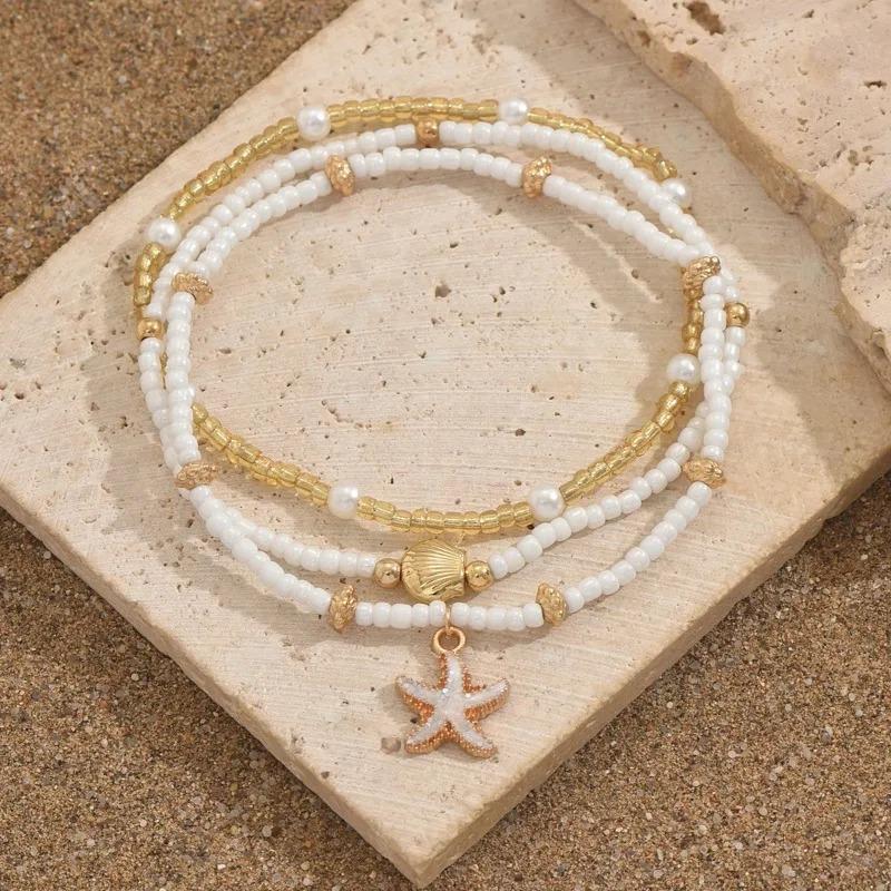 3pcs Cute Starfish Shell Rice Bead Multilayer Foot Chain Anklets for Women Boho Beach Zircon Summer Vacation Beach Accessories