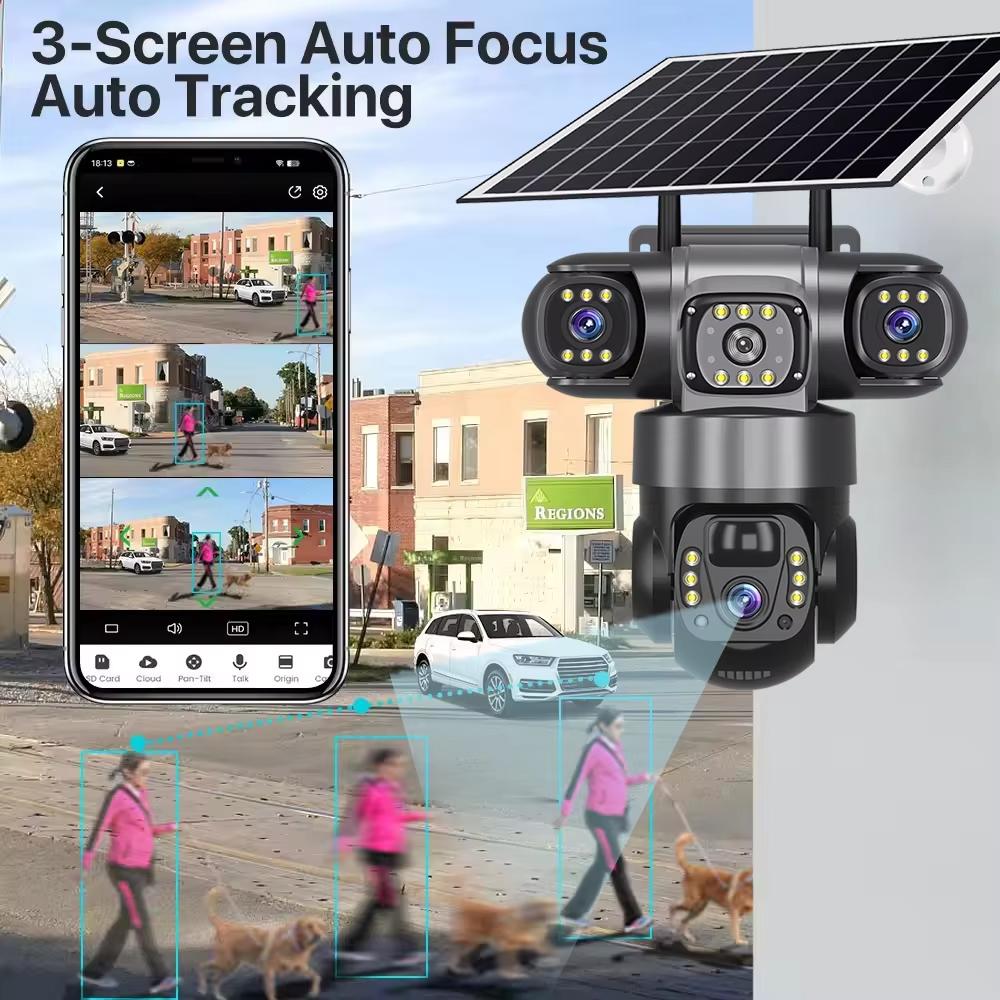 LS VISION 4G PTZ Solar Camera Outdoor 15MP Triple Lens Triple Screen AI Auto Tracking IP Camera CCTV Audio Video Surveillance V380Pro Cam
