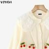 VONDA Oversized Women Long Sleeve Lace Splicing Casual Loose Knitted Sweaters