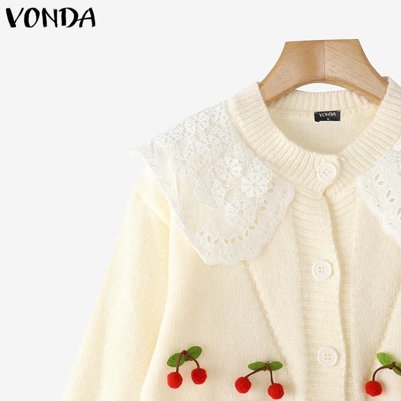 VONDA Oversized Women Long Sleeve Lace Splicing Casual Loose Knitted Sweaters