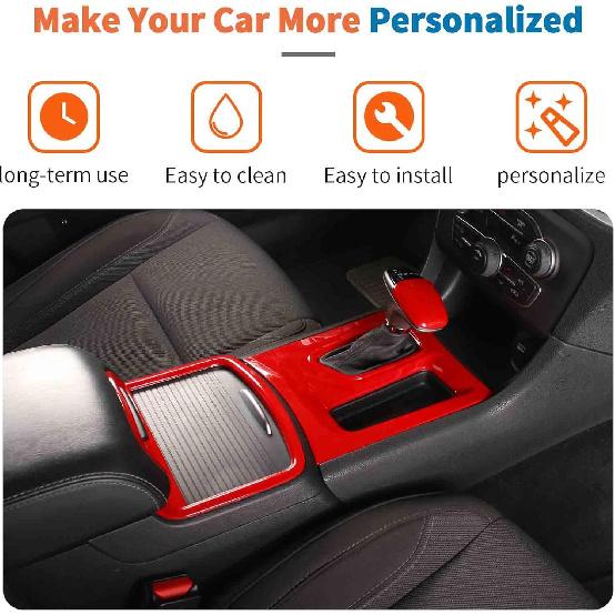 JeCar for Charger Red Interior Trim Kit for Dodge Charger 2015-2022 Gear Shift Panel & Shifter Knob & Cup Holder Panel Trim (4PCS)