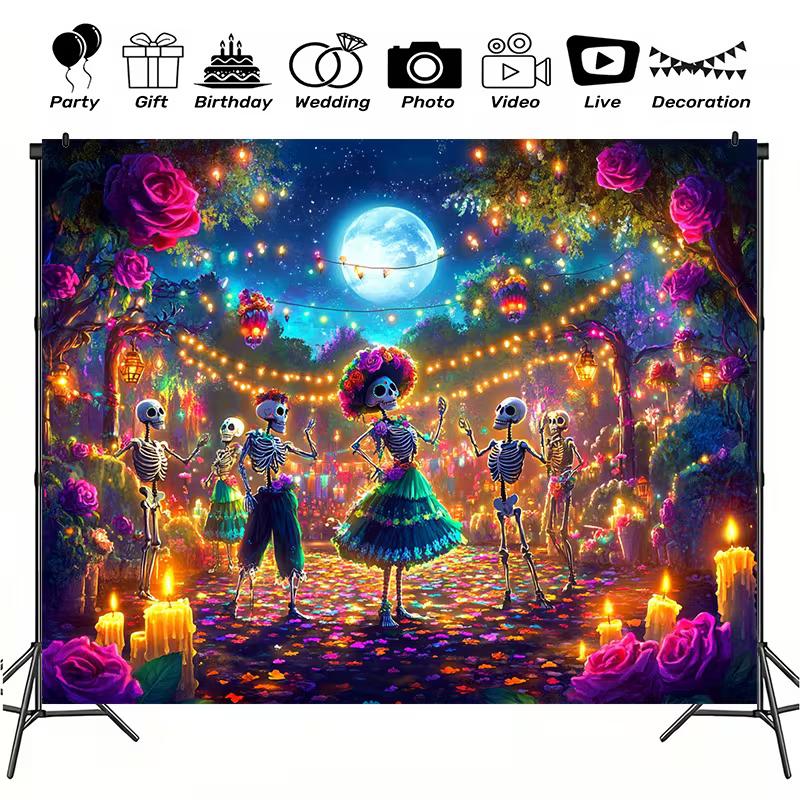 2D Mexican Day of the Dead Backdrop Dancing Skeleton Photo Booth Background 47.2x31.5inch/120*80cm
