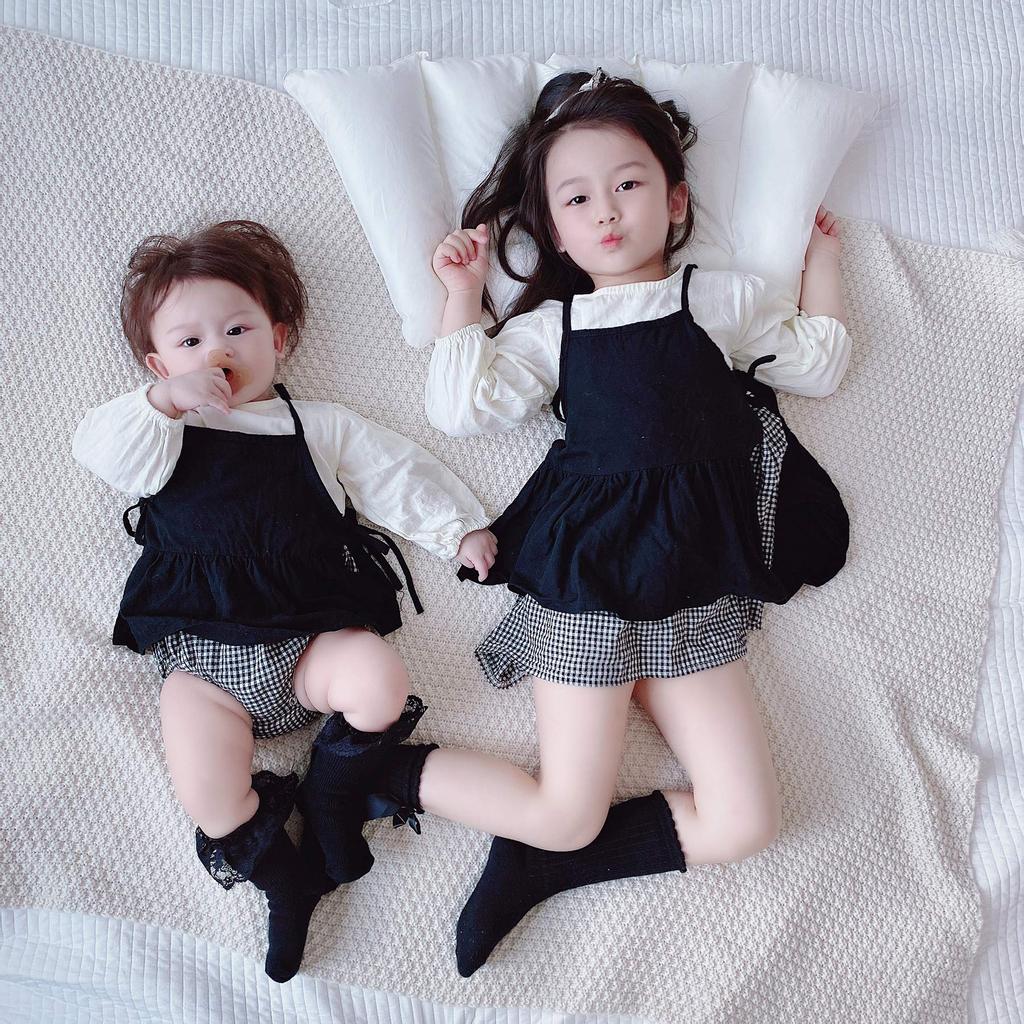 SLINX Babykleidung Langarm-Set für flauschiges Baby Kariertes Baby Schwester Alltagsherbst Größen-Set, Kleid, 2-teilig Mädchen, Kinder, Strampler, Druck,