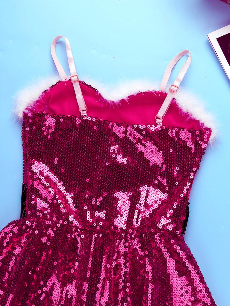 Girls Christmas Santa Dance Costume Adjustable Spaghetti Straps Sequins Leotard Dress Hat Arm Sleeves