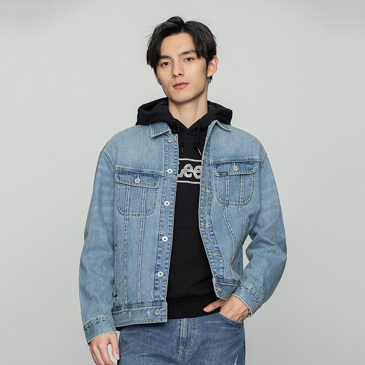 Lee 101+ Series SS22 Vintage Wash Letter Embroidered Denim Jacket Men jackets Medium-Blue LMT0015215DG00FA00513