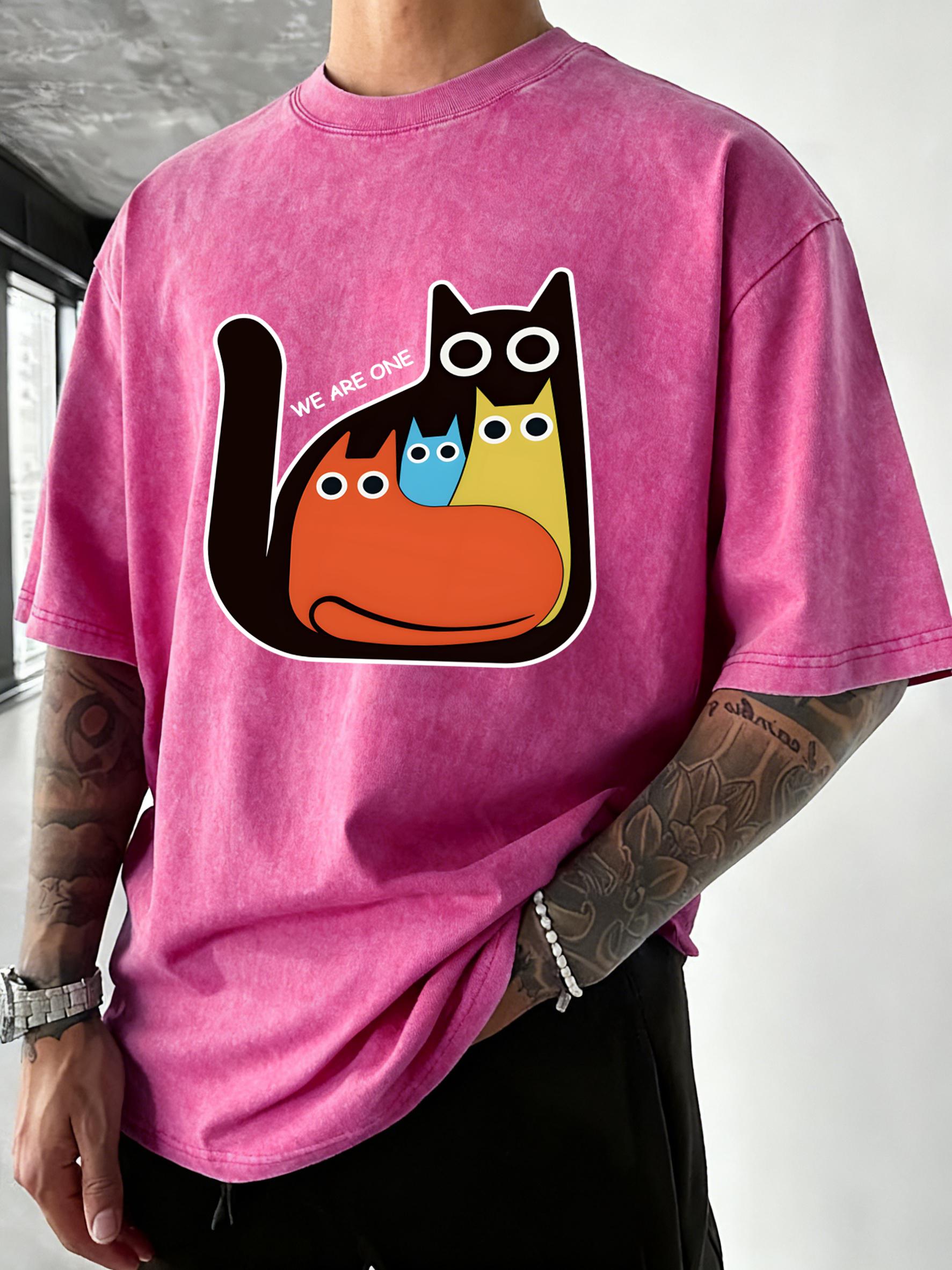 

We Are One Cartoon Cats Printing Washed TShirt Men Cotton Summer T Shirts Crewneck Breathable Clothes Loose Man Short Sleeves S