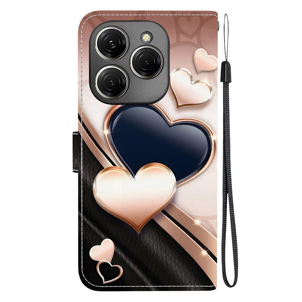 Ručně vyrobené PU kožené flipové pouzdro pro Tecno Spark 20 Pro Protiskluzový nárazuvzdorný kryt s poutkem na zápěstí a designy srdce/růže/kočka