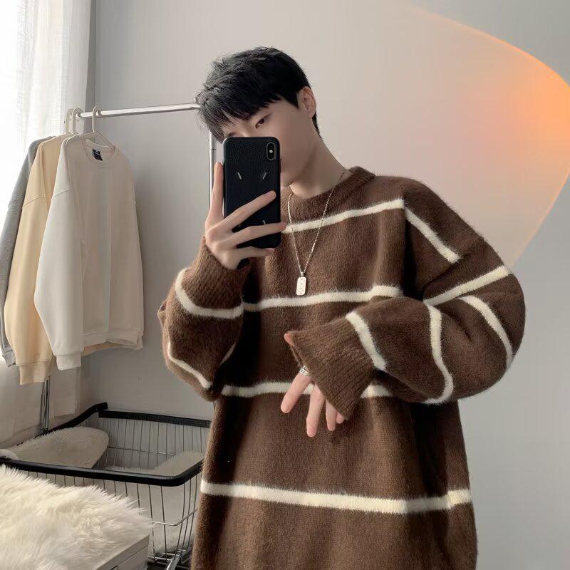 Herbst-/Winter-Herren-Strickjacke mit Streifen, lässiger Stil, koreanischer Stil, Stehkragen, vielseitig für Paare.
