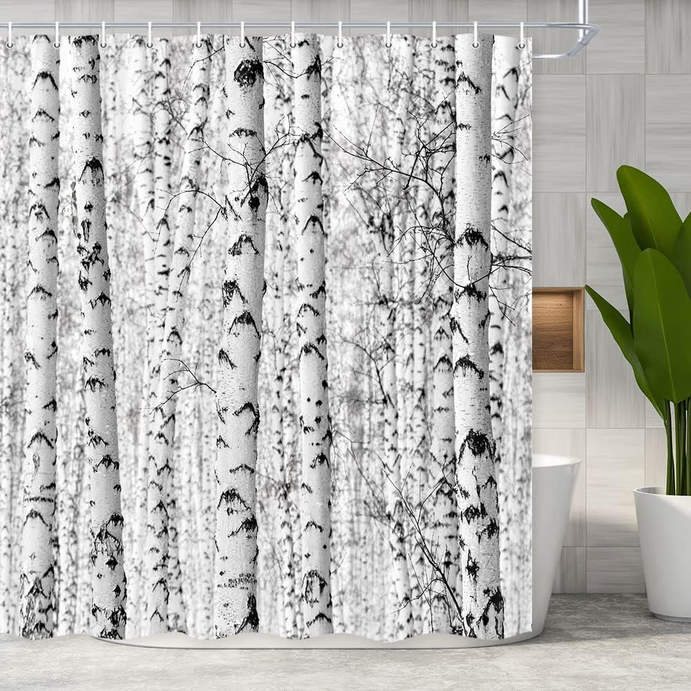 Wathon Birch Trees Shower Curtain Gray Tree Bathroom Decor Winter Birch Forest Bath Curtain Neutral Black and White Bath Set Rustic Winter Forest
