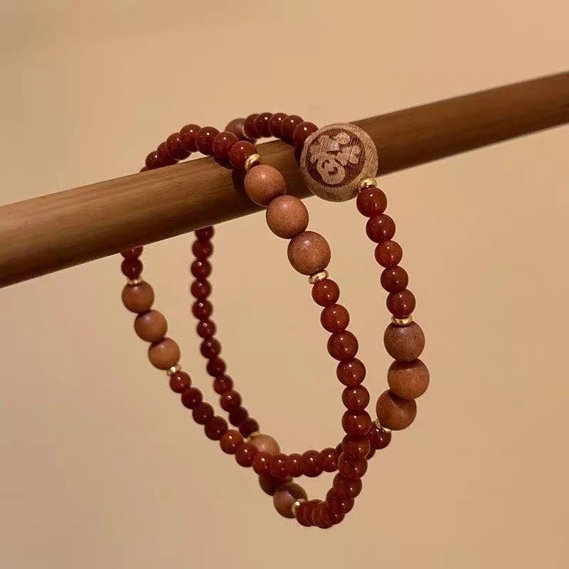 

Peace and Happiness Red Beads Bracelet with Chinese Characters - Retro Ethnic Style - Small-scale Design - Bead Necklace for Unique Fashion