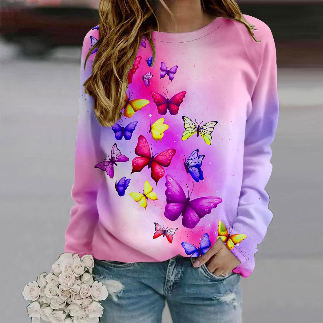 

Осень-Осень женская мода с круглым вырезом и длинным рукавом футболка свободная одежда черная бабочка принт футболка для девочек уличная 8XL розовый