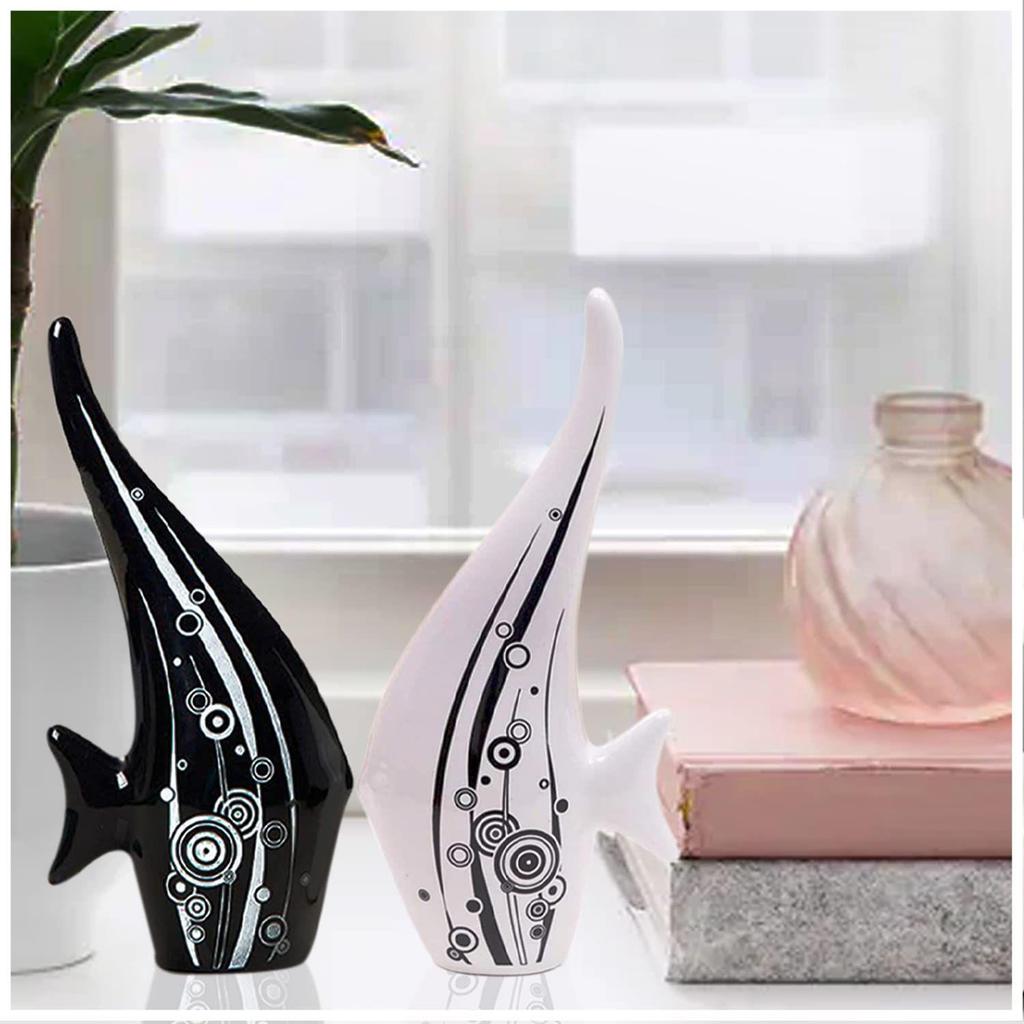 Modern Minimalist Black and White Bubble Fish Art Figure | Beautiful Home Decor- (Set of 2 Pc)