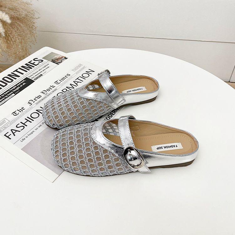 Mary Jane Flat-bottomed French Bag Head Half Slippers Women's Summer New Outer Wear Mesh Breathable One Pedal Cool Slippers Women