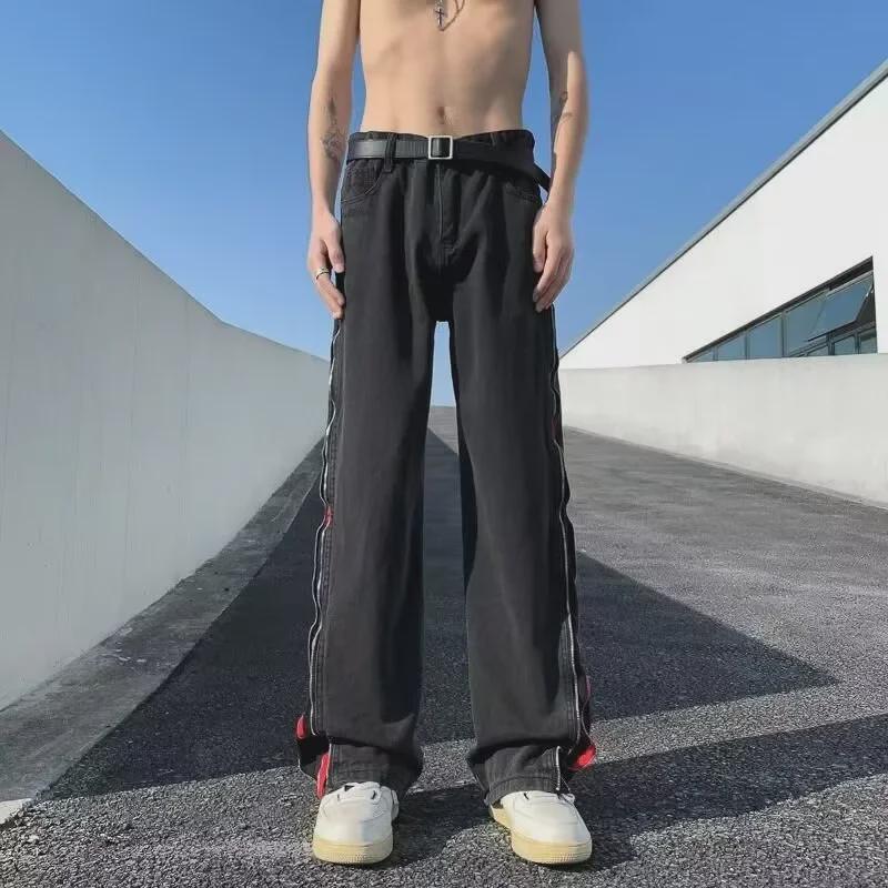 

Модные джинсы в американском стиле с черной и красной двойной молнией и потертостями в стиле хип-хоп в винтажном стиле L чёрный