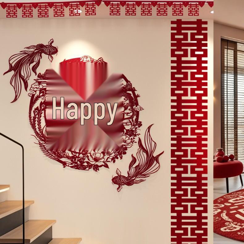 Honeymoon Courtyard & Staircase Wall Decor Set: Double Happiness Wedding Gift for Bride & Groom.
