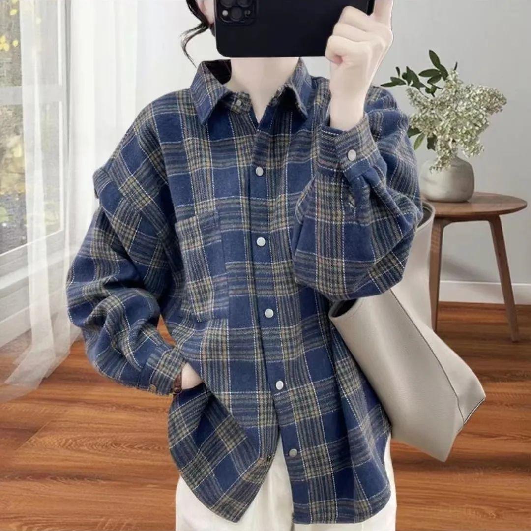 Retro Plaid Lapel Long Sleeve Women s Loose Shirt Jacket - Stylish Spring 2025 Collection S павлин голубой