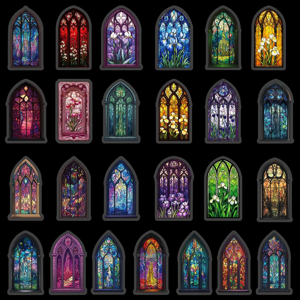 50 Colored Windows Colored Church Pet Handbook Creative Collage Retro European Architecture Stickers Diy Luggage