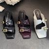 Fashion Metal Buckle Decoration Moccasin Low Heel Slippers Women Fashion Square Toe Open Toe Slide Sandals Casual Ladies Beach Sandals