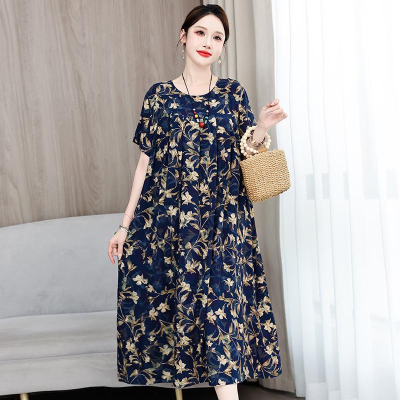 2 Neues hochwertiges florales Baumwoll-Seiden-Kleid für Damen-Sommer-Temperament, Bauchbedeckung für Mütter, große Größe künstliche Baumwolle langer Rock