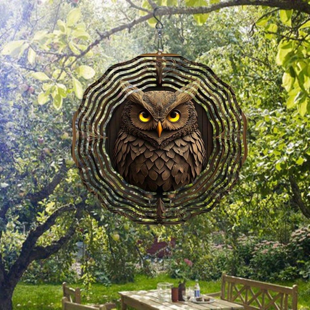 Kovový větrník řezaný laserem 3D design mandaly sovy venkovní zahradní dekor závěsná socha s holografickým efektem kreativní dárek