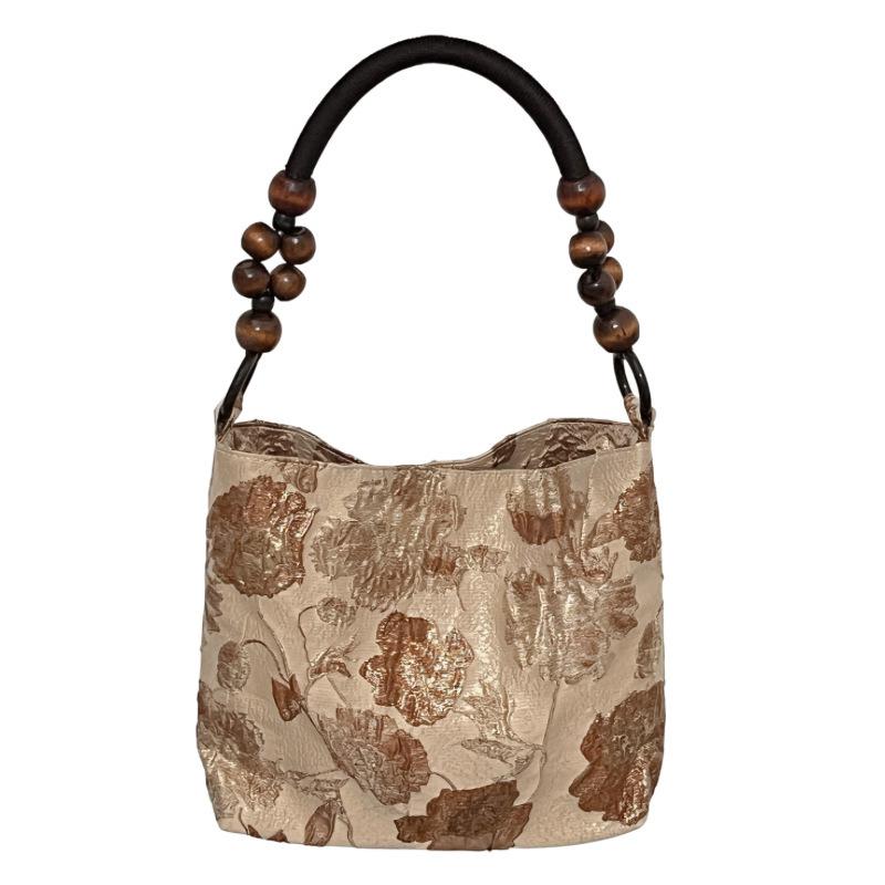 Summer Brown Retro Jacquard Underarm Bag Ins New Chinese Style Wood Bead Woven Chain One-shoulder Bucket Bag for Women