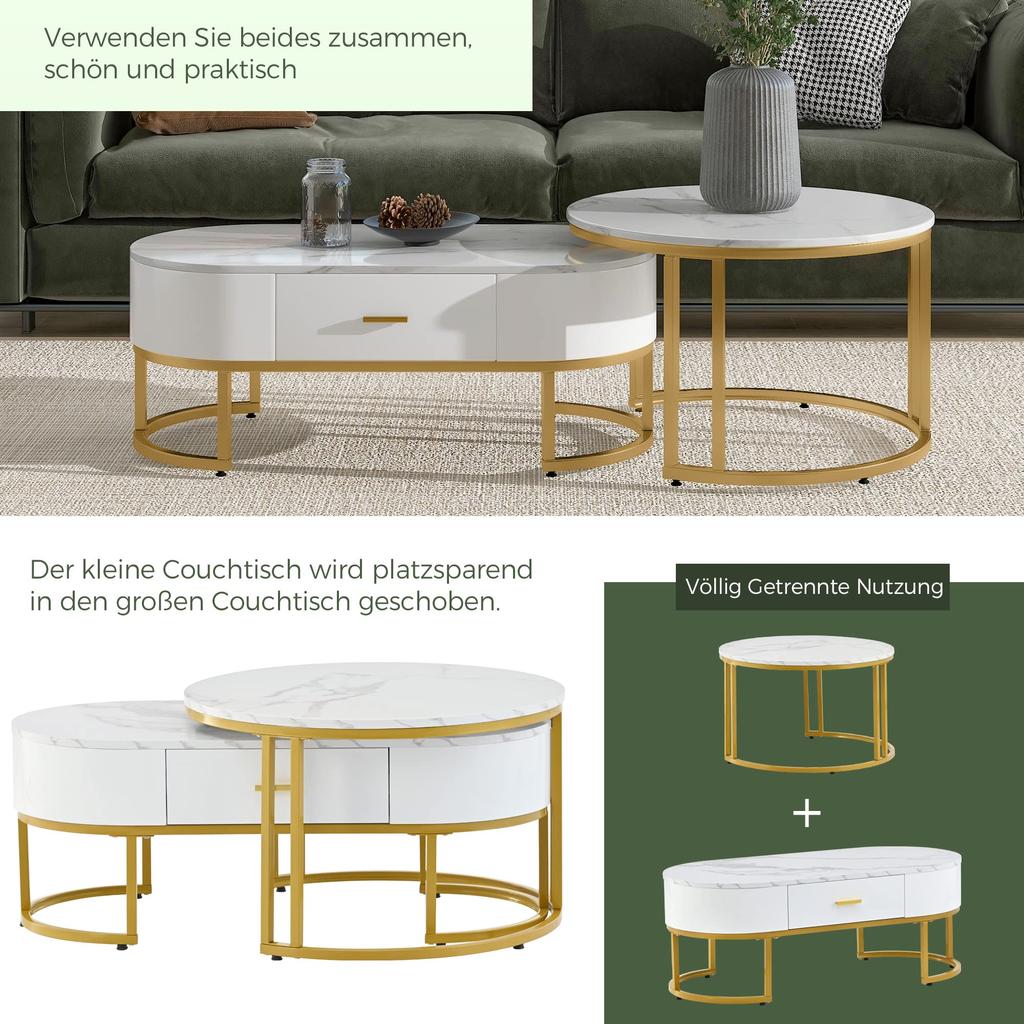 Couchtisch Rund 2er Set Satztische, Moderne Edle Nesting Kaffeetisch Oval Sofatisch Schubladen, Tischplatte Marmormuster, Balkon Büro, Weiß