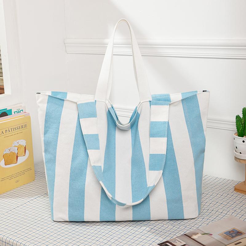 

Summer Classic Striped Canvas Youth Tote Bags Hot Sale Lightweight Vacation Shoulder Bags Eco-friendly Reusable Shopping Bag синий