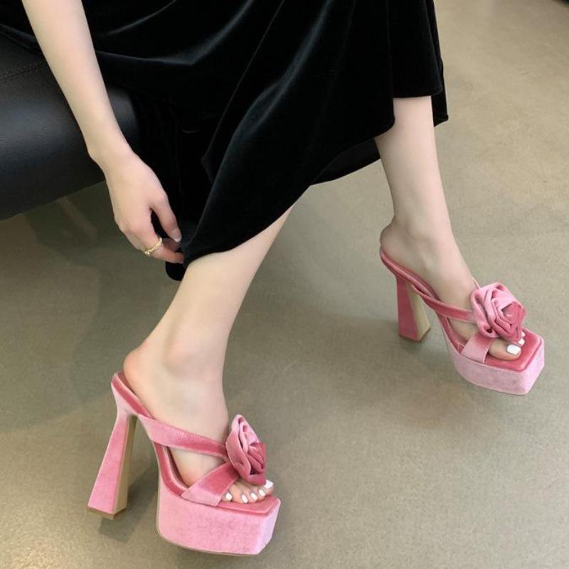 Fashion Chunky Platform Woman Slippers Velvet Rose Open Toe Wedding Banquet Sandals 13CM High Heels Slide Shoes Sandalias De Mujer