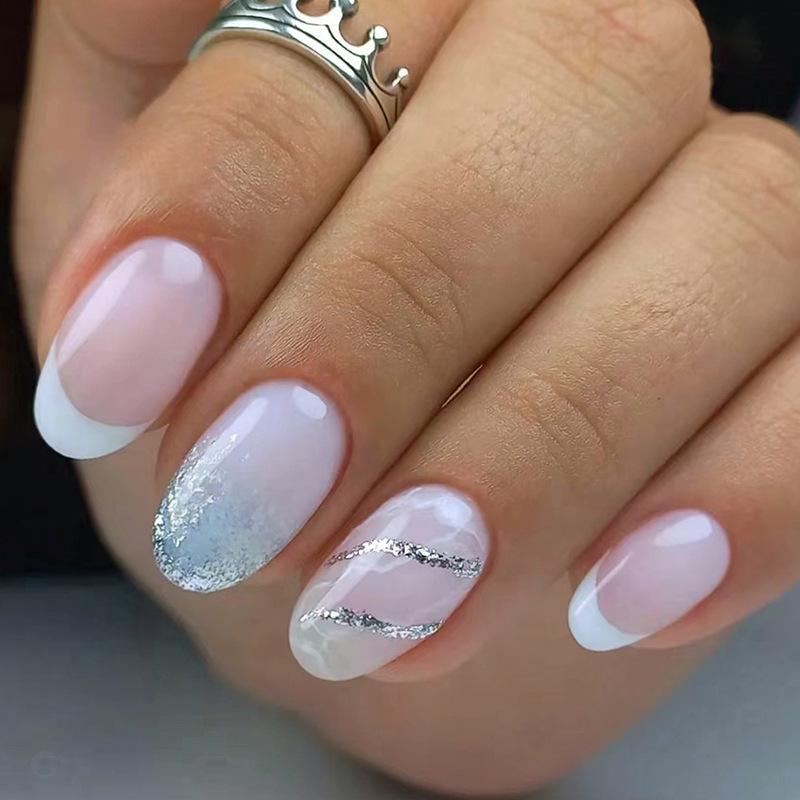 24Pcs Short Round Head Press on False Nails Yellow French 3D Flower Fake Nail for Woman Reusable Finished Full Cover Nails Tips
