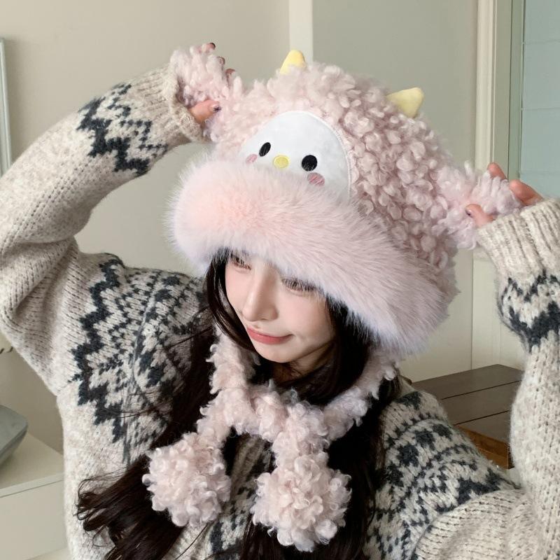 Cute Little Sheep Plush Hat Women'S Autumn And Winter Cold And Warm Thickened Ear Protection Lei Feng Hat Sweet Cycling Antifreeze
