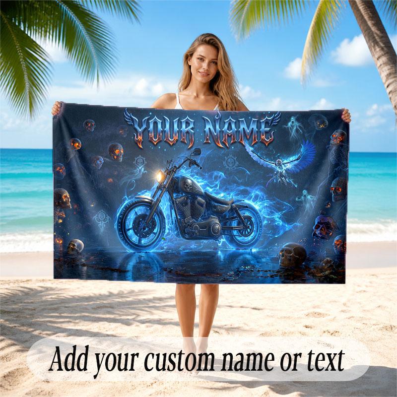 Motorcycle Theme Soft Beach Towel Personalized Custom Name Text Towel Portable for Beach Pool Travel