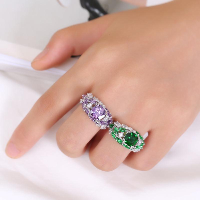 Luxury Pure Copper Ring with Colorful Zircon for Women - Fashionable European & American Style
