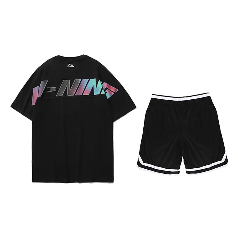 Li Ning Colorful Letter Logo Round Neck Short Sleeve T-Shirt Competition Special Striped Comfortable Shorts Casual Sports Suit YHSU189-1+YAPV001-1