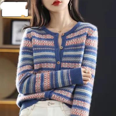 Women's Knitted Cardigan Sweater Autumn and Winter Stripes Lazy Style Women's Sweater