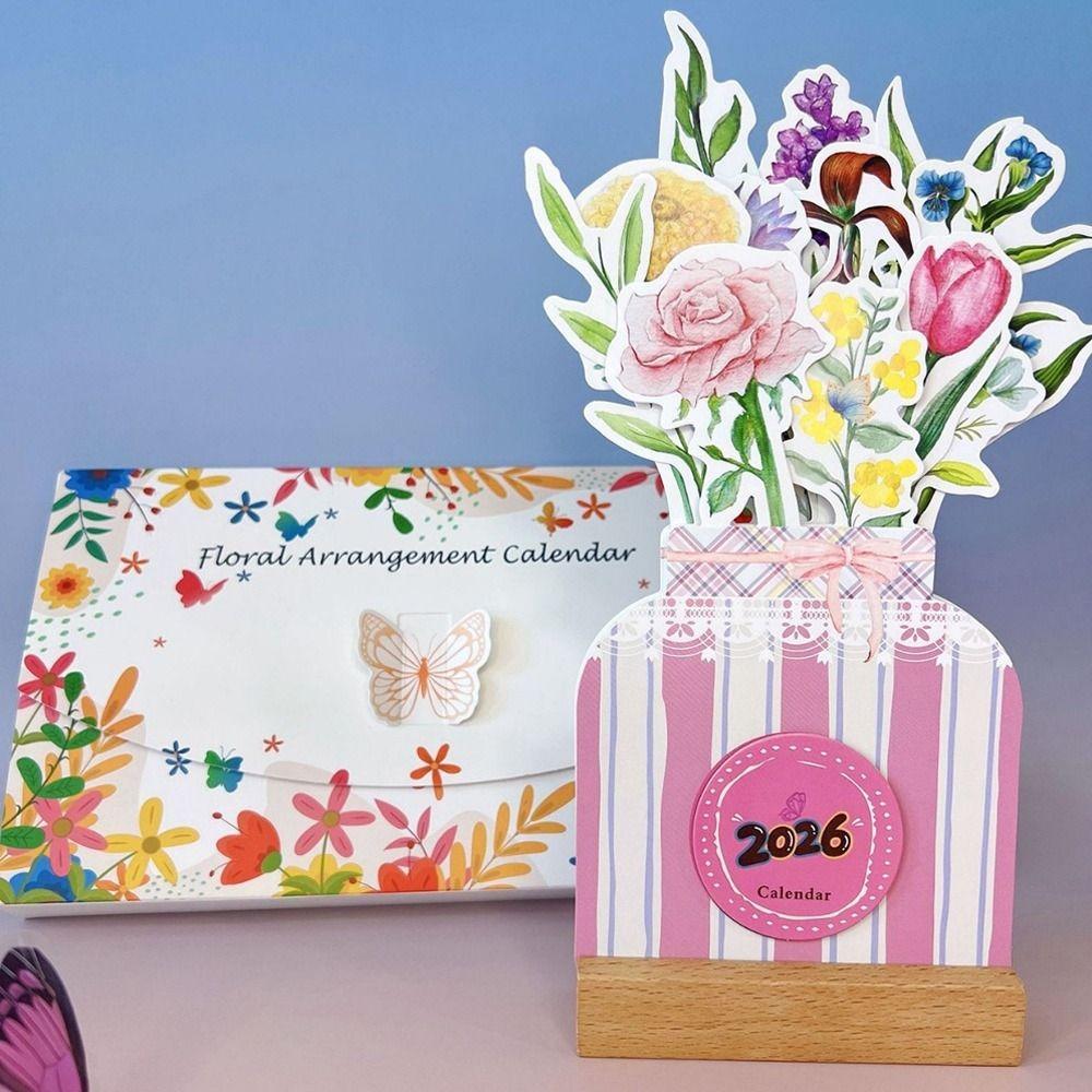 

Wooden Base Bloomy Flowers Desk Calendar Detachable Base Standing Calendar for Table Desk Decor F-Pink3