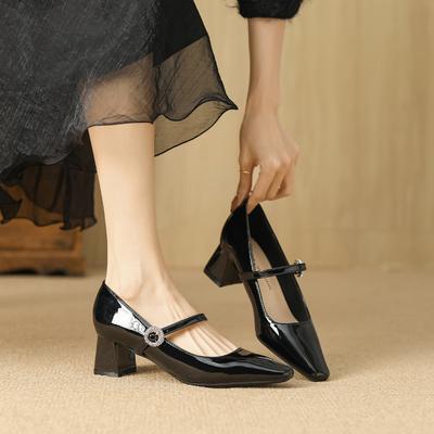 Fashion New Niche Thick Heel Square Head New Rhinestone Premium Comfortable Women's Mary Jane Comfortable