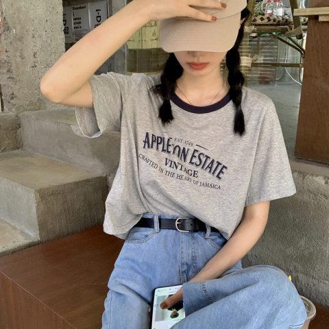 

American contrasting color round neck short-sleeved T-shirt women s summer letter printing loose short retro student top ins XXL сірий колір