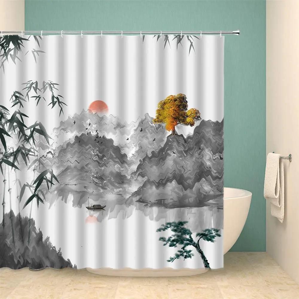 Chinese Style Ink Painting Shower Curtain Landscape Flower Tree Plant Boat Plum Living Room Background Wall Bathroom Screen Hook