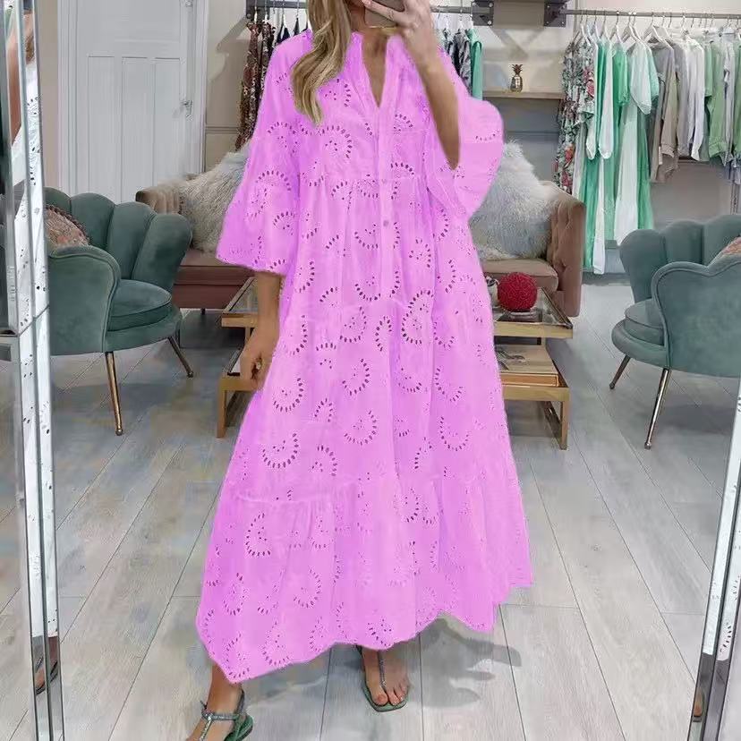 IHUASU 8 Colors S-5XL Women's Fashion Summer Spring Solid Color Print 3/4 Sleeve V-Neck Casual Dresses