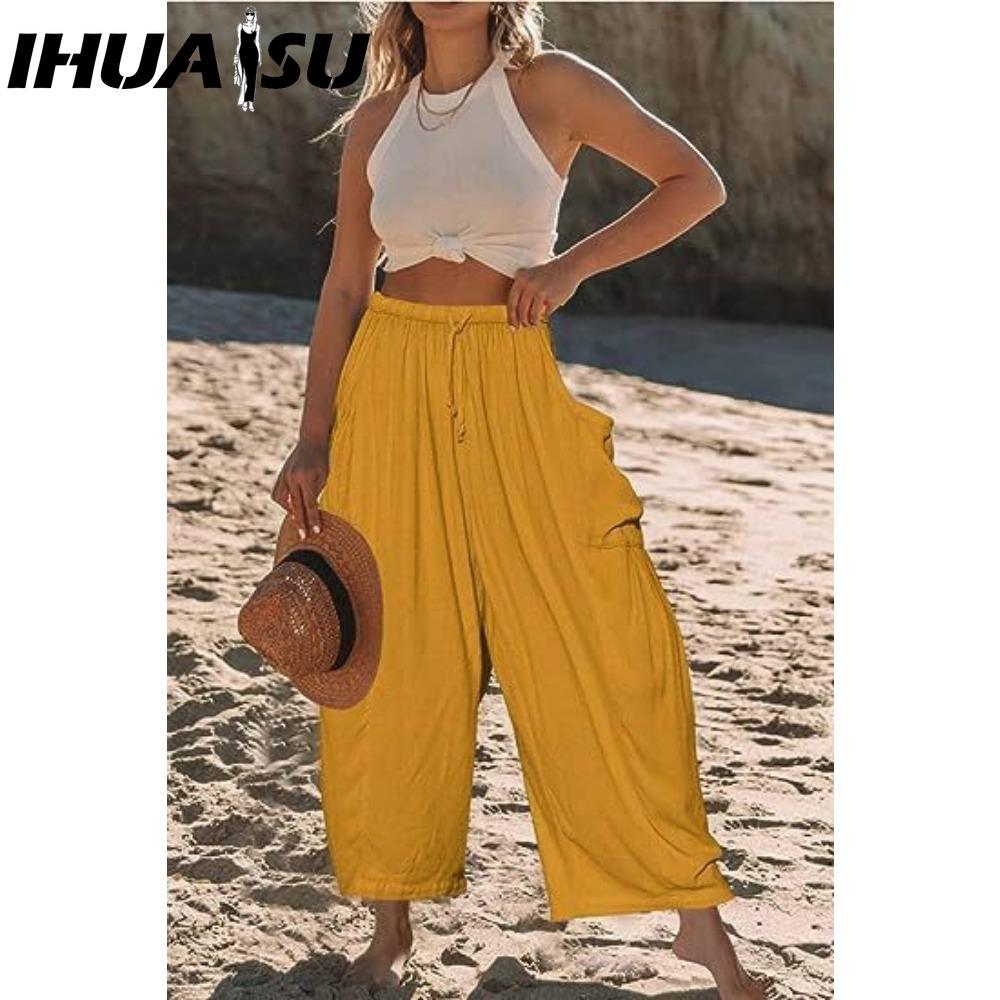 IHUASU Moda feminina casual cor sólida estampa cintura alta calças e capris