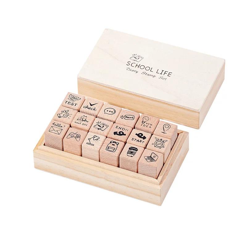 Daily Life 18 Pcs Wood Seal Set Box Diy Diary Decoration Material Stamp Wooden Box 4 Options Wooden Seal Gift