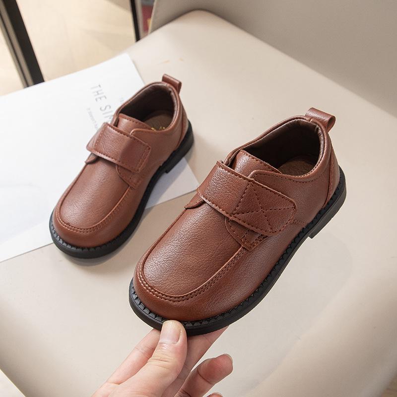 Chaussures en Cuir à Lacets Noir Mat pour Garçons – Antidérapantes, Respirantes, Velcro, Style Britannique, Tenue Décontractée Printemps & Automne
