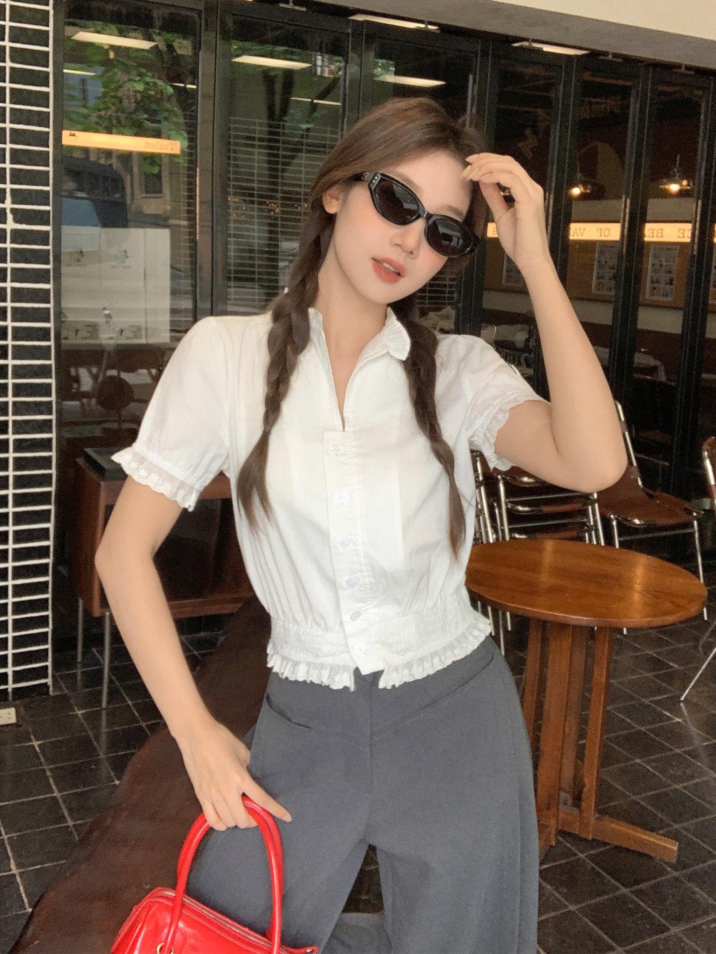 

French white bubble sleeve shirt, lace hem short-sleeved cardigan, women s summer new waist and thin top L білий