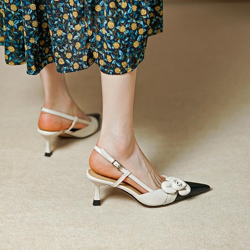 2024 Summer Women Shoes Cow Leather Shoes Women Covered Toe Thin Heel Sandals Slingback Women Shoes Buckle Flowers Women Sandals