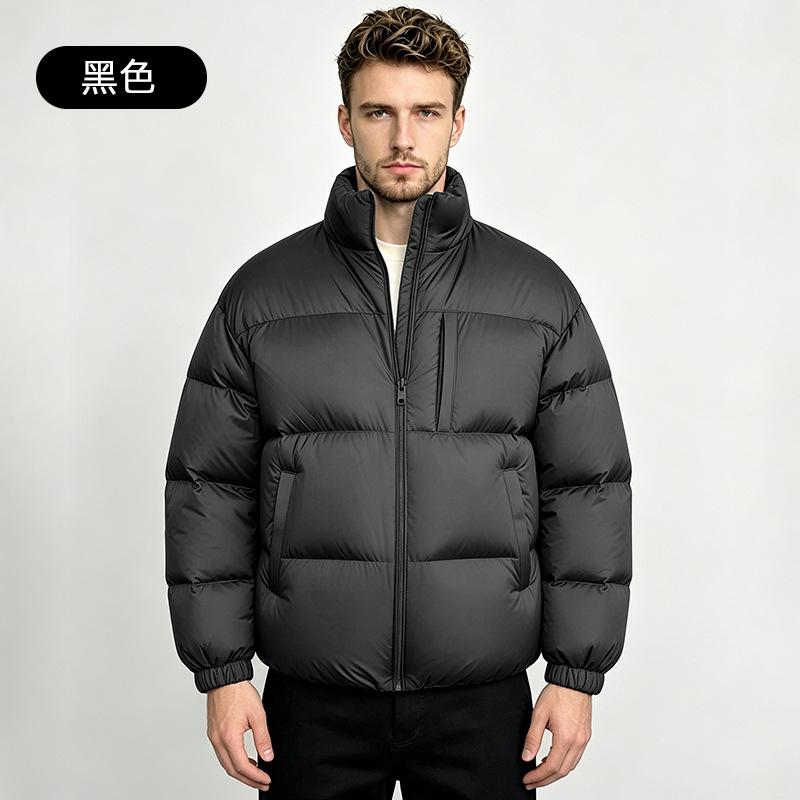 Men's Stand Collar Thick Puffer Jacket Zip Up Solid Color Casual Winter Down Coat
