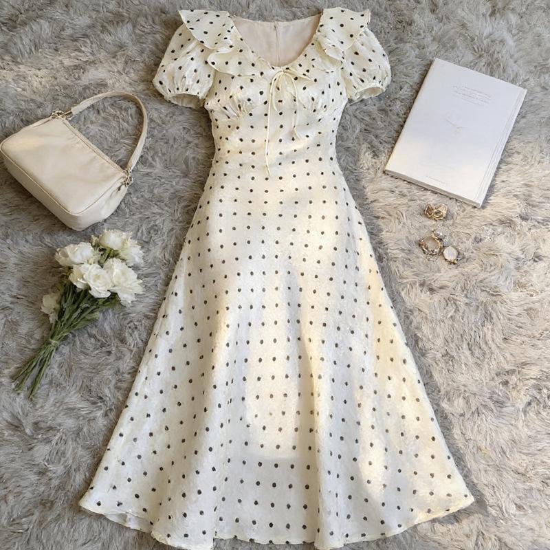 Large size gentle wind French ruffle edge polka dot dress women's summer new waist and thin white skirt