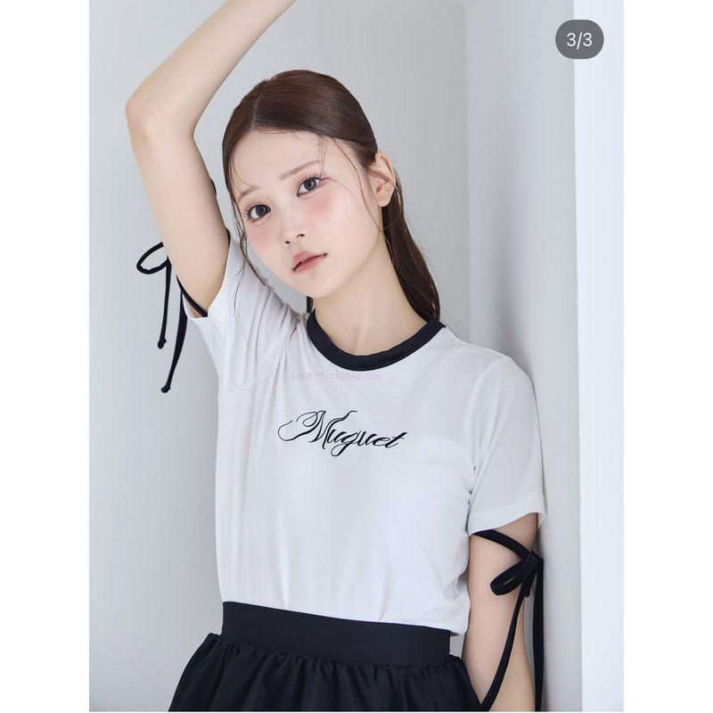 

Mllelace Clear Series Pure Original Exquisite Contrast Color Piping Lace-up Decorative Sleeve Letters T-shirt Event Guaranteed Price White One size