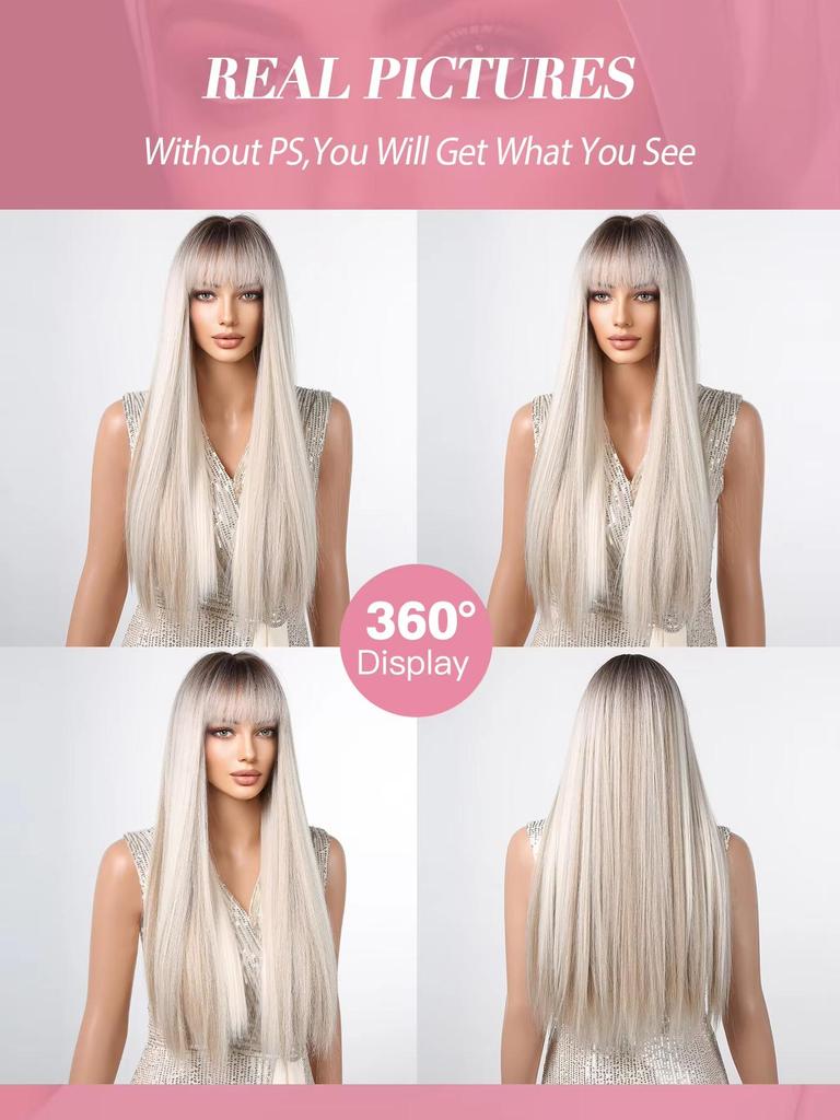 ALAN  EATON Brown Black Highlight Watermelon Red Synthetic Wig Long Straight Multicolor WIg with Bangs Hollywood Cosplay Wig For Women Party